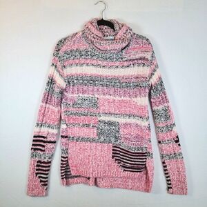 Sparrow Womens Striped Patchwork Knit Turtleneck Sweater Size Small Pink Crochet